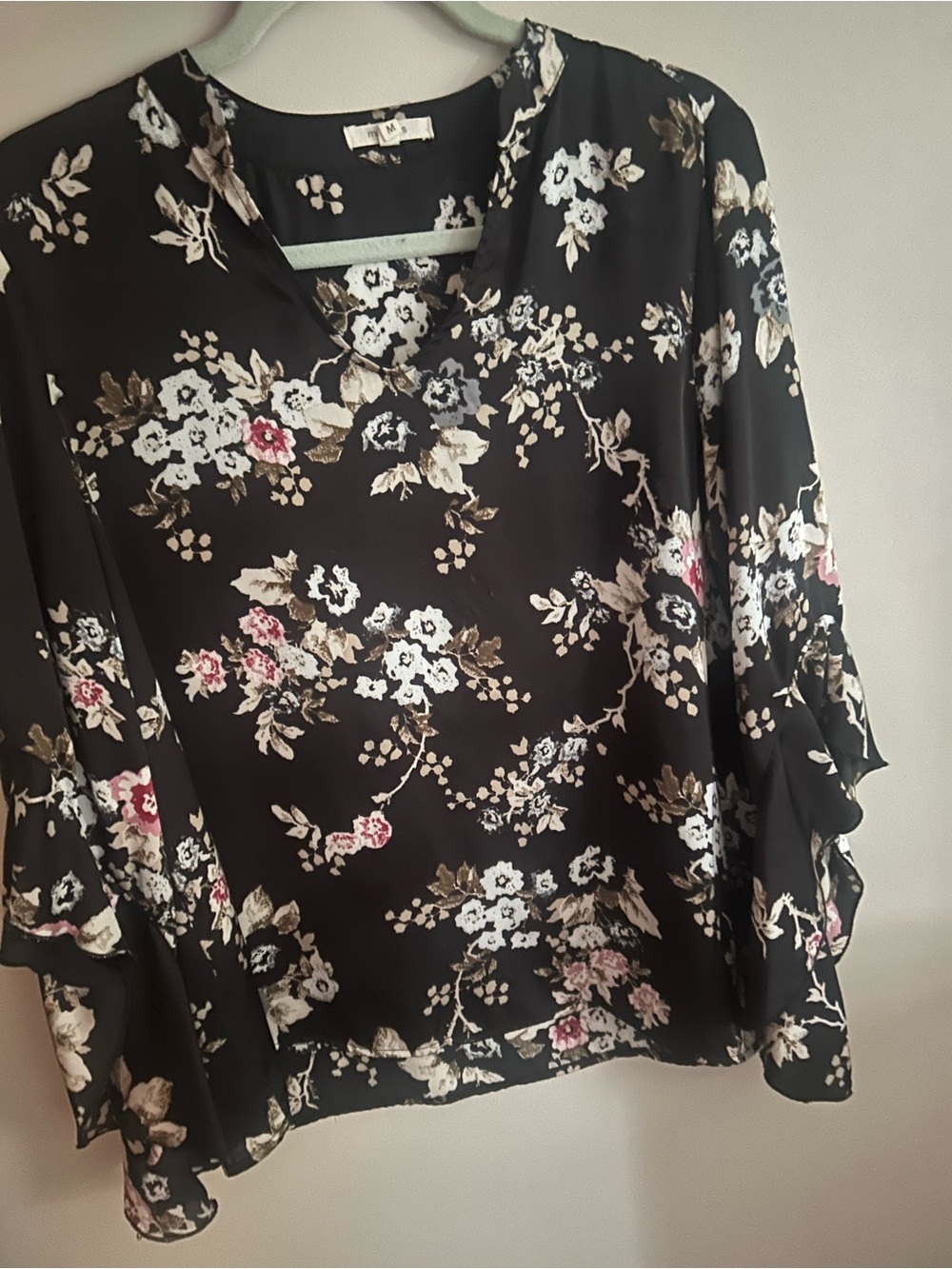 Maurices Black Floral V-Neck Blouse with Pink and White Blooms